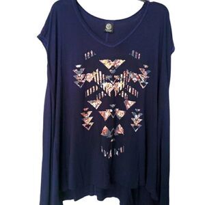 Bobeau Navy lightweight foiled graphic print  Shirt 1X